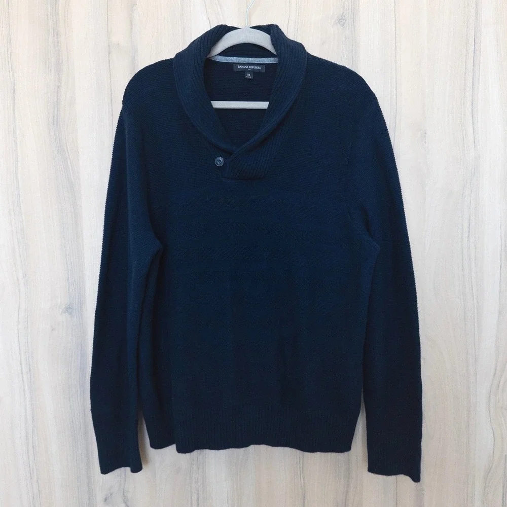 Banana Republic Mens Shawl Collar Pullover Sweater Size XL Navy‎ Preppy Heritage